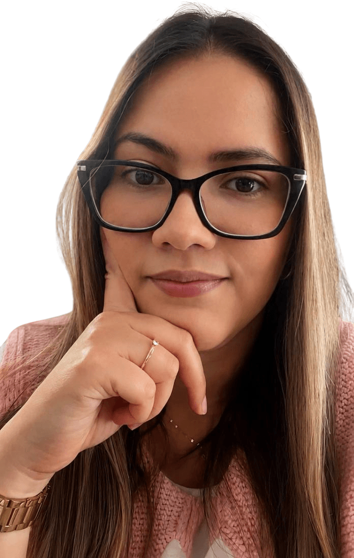 Yessika Herrera, founder of NewBox, wearing glasses with her hand resting on her chin