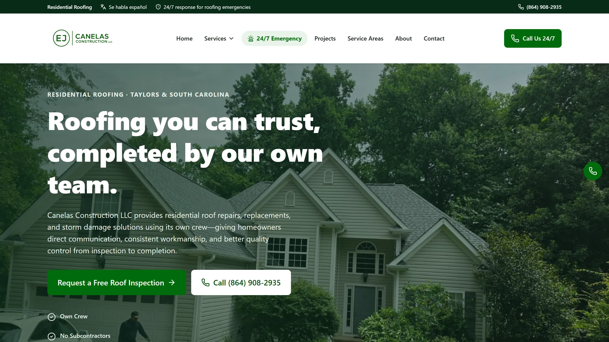 Canelas Construction LLC website home page on desktop