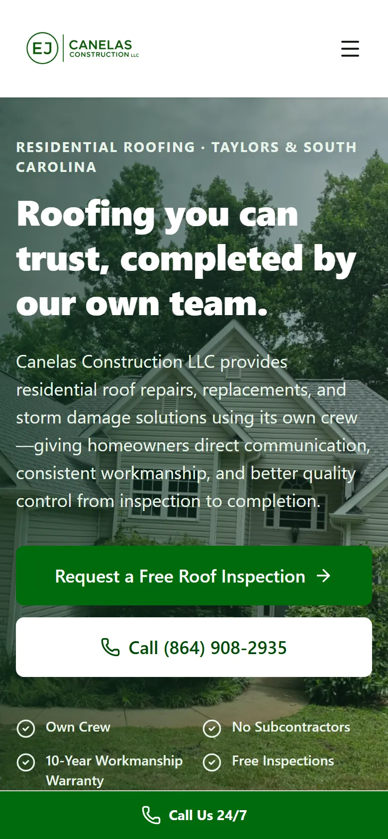 Canelas Construction LLC website home page on mobile