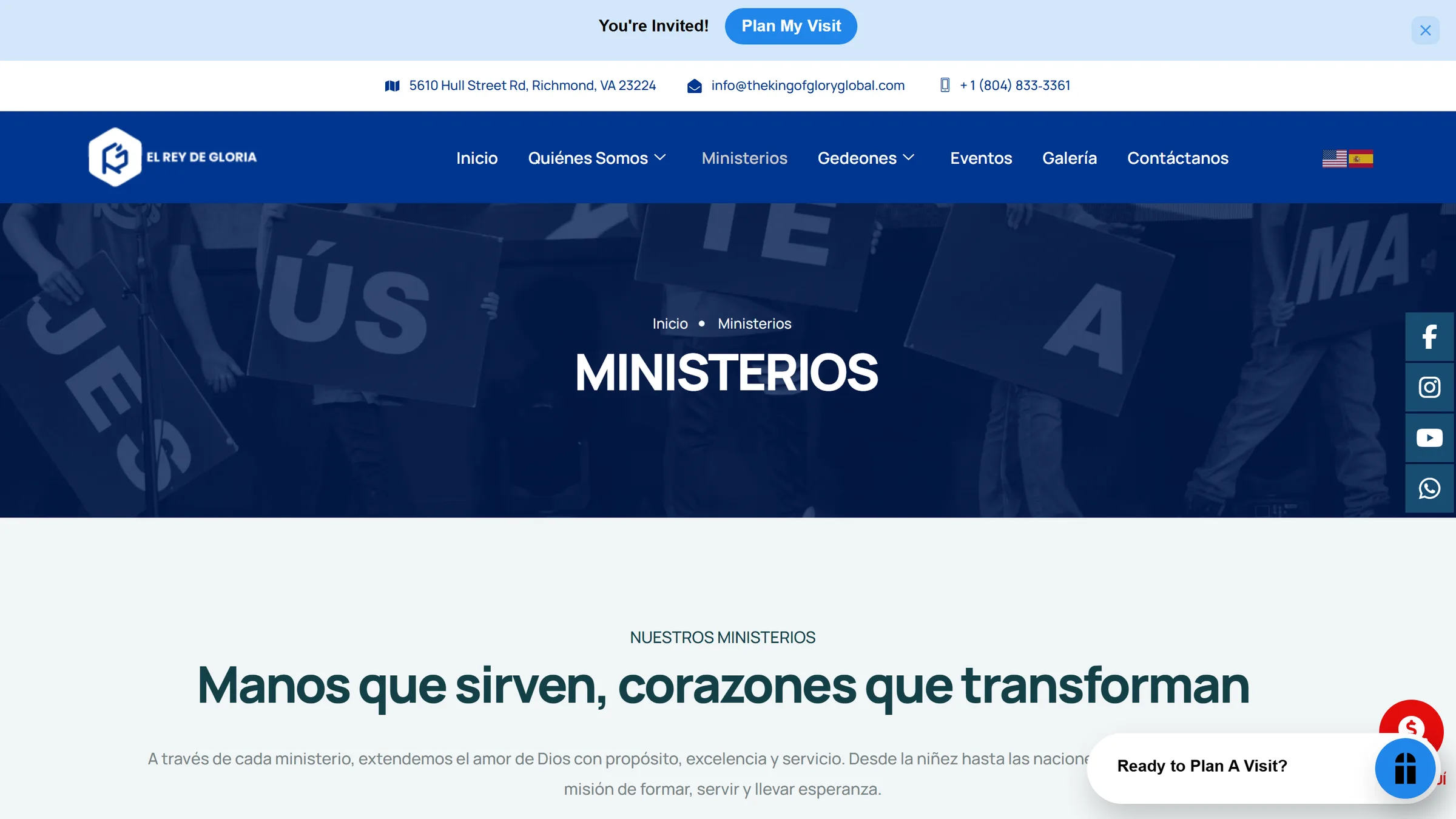 Ministerios page of the El Rey de Gloria website on desktop