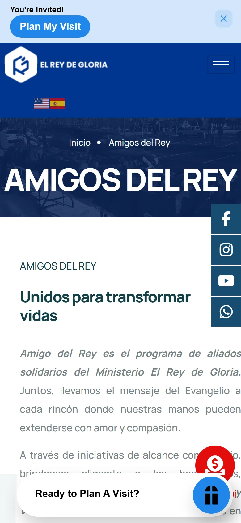 Amigos del Rey page of the El Rey de Gloria website on mobile