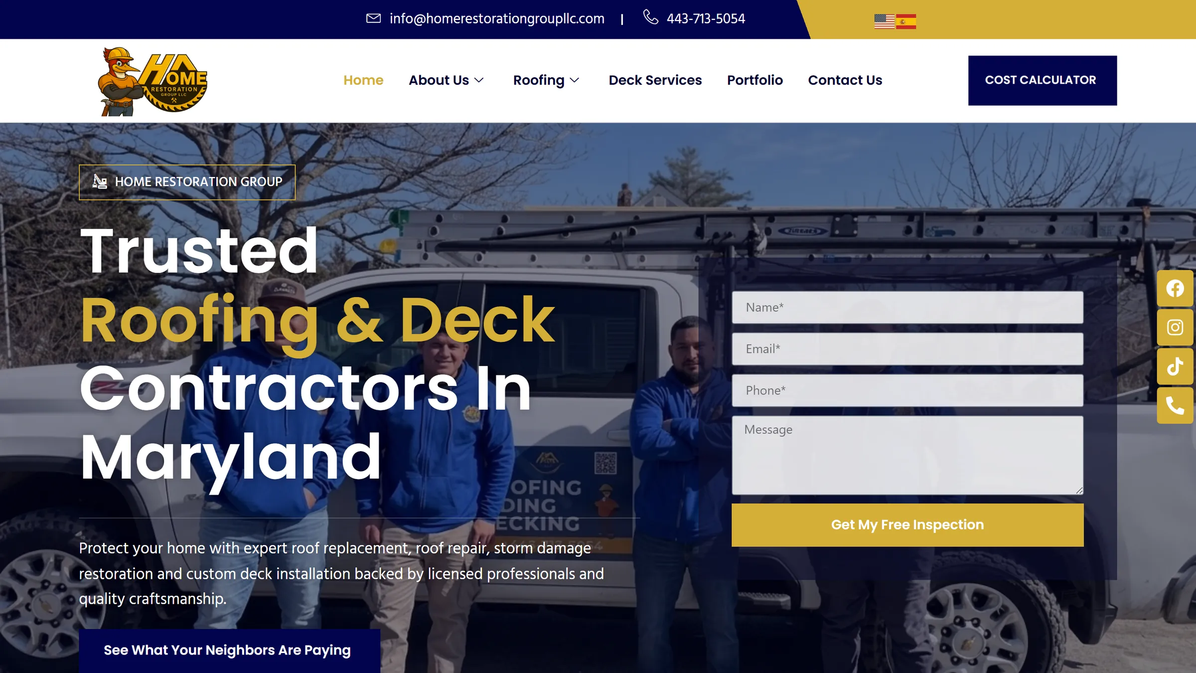 Home Restoration Group website home page on desktop