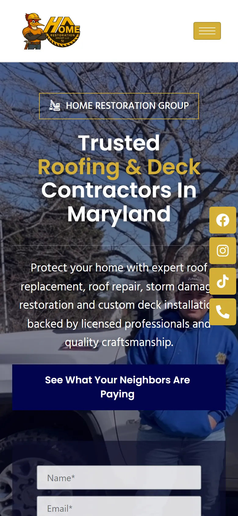 Home Restoration Group website home page on mobile