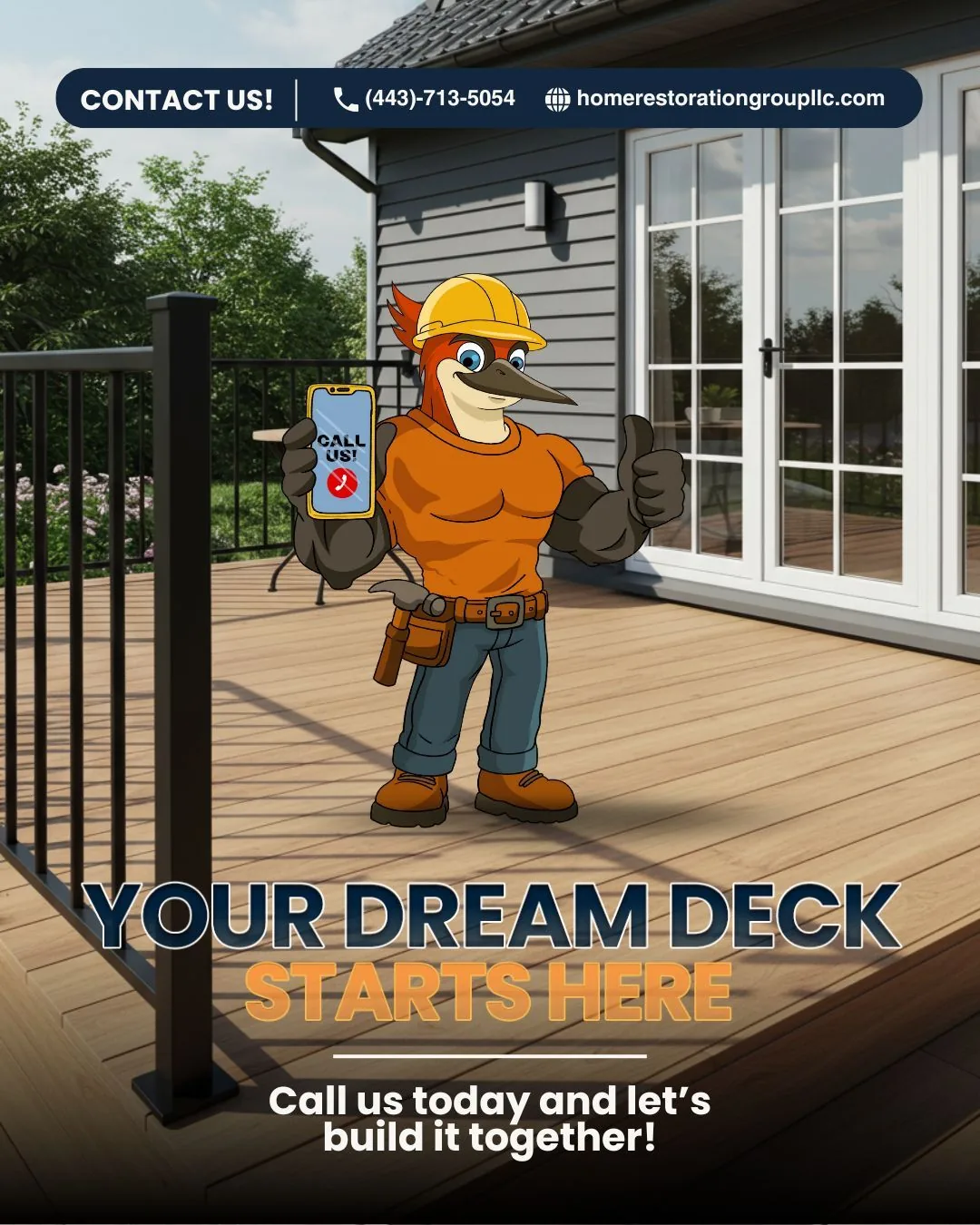 Home Restoration Group post: the mascot presents a new deck