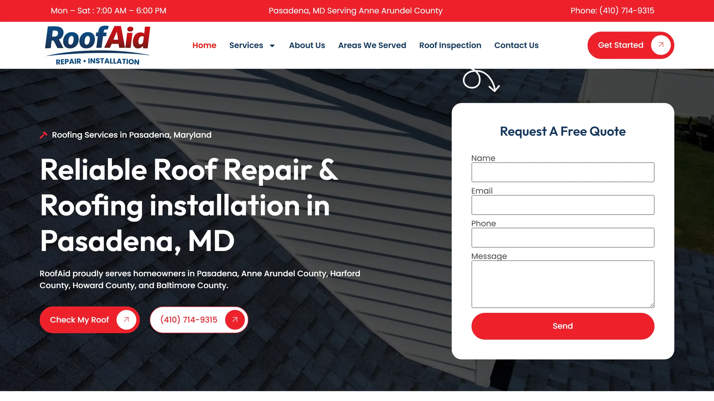 RoofAid website home page on desktop