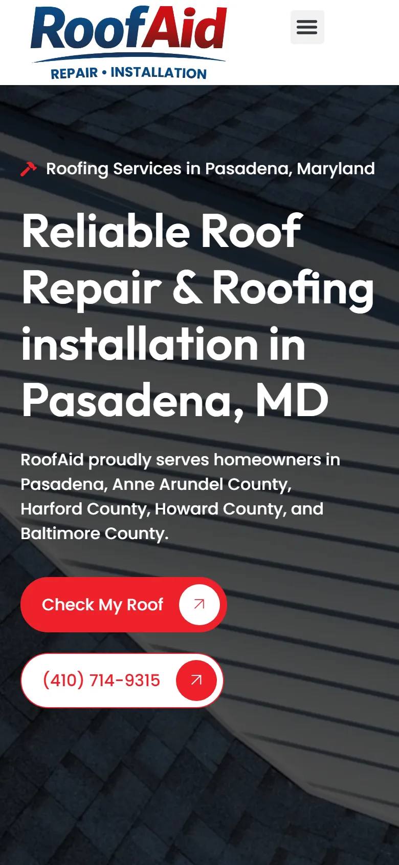 RoofAid website home page on mobile